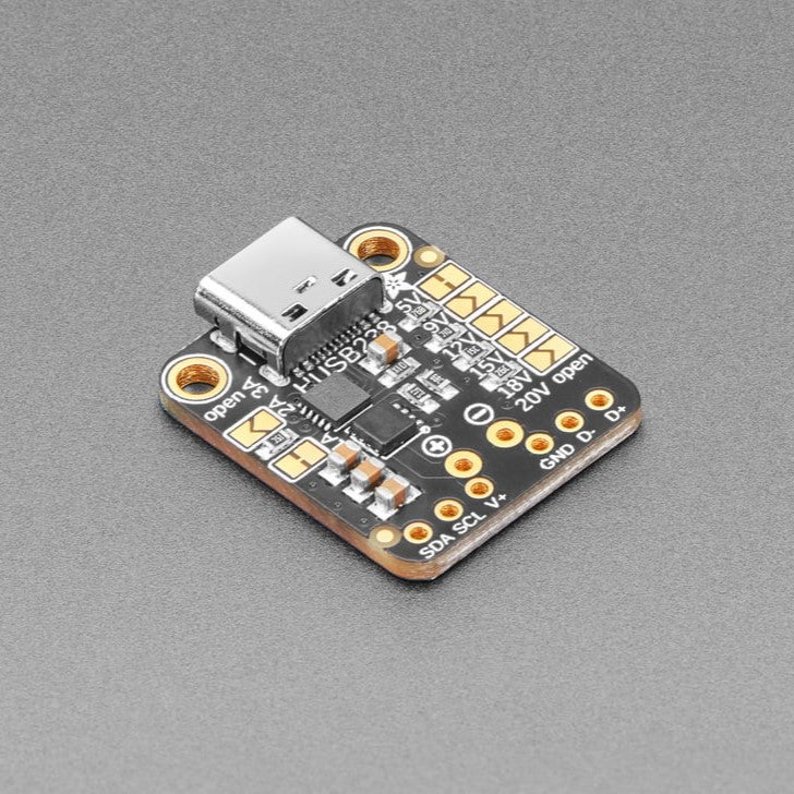 Adafruit USB Type C Power Delivery Dummy - I2C or Switchable - HUSB238 - The HUSB238 USB PD sink chip is neat in that you can either use jumpers (really, resistor selection) to set the desired PD voltage and current or you can use I2C for dynamic querying and setting.