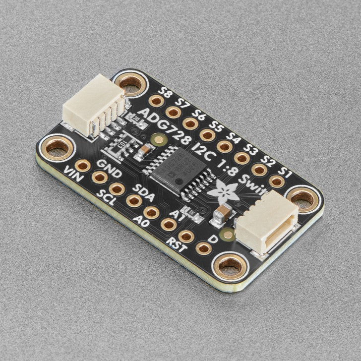Adafruit ADG728 1-to-8 Analog Matrix Switch - Analog switches are a solid state alternative to relays, when you want a smaller, lower-power technology that won't wear out mechanically. And, as the name implies, you can use the Adafruit ADG728 1-to-8 Analog Matrix Switch to connect between eight analog signals, much like a set of 8 mechanical switches. These chips tend to be tiny surface mount parts, so this breakout will let anyone use the ADG728 switch for signals up to 5V, without fiddly soldering.