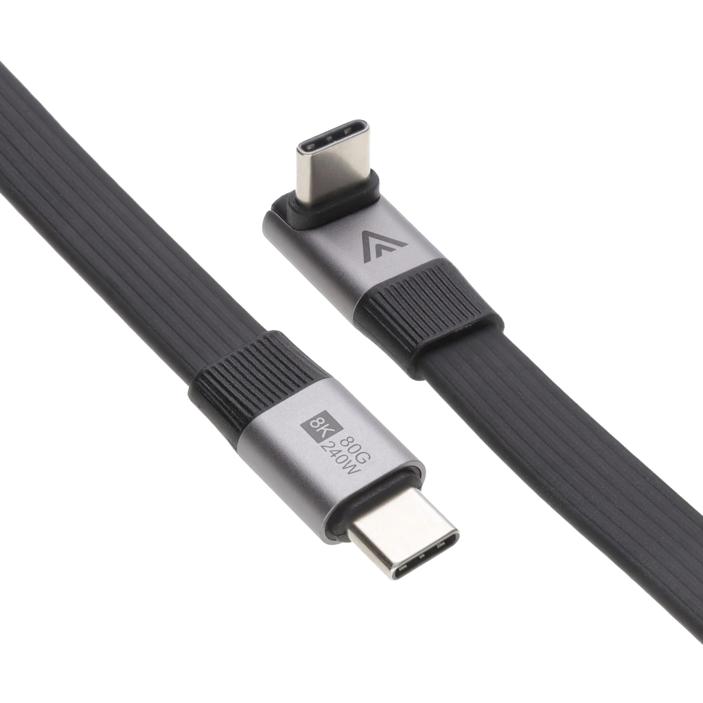 Flat USB-C to USB-C Right Angle Cable - Quality flat USB-C cables with metal connectors and a upwards-pointing right angle plug on one end. Available in 0.2m and 1m lengths.