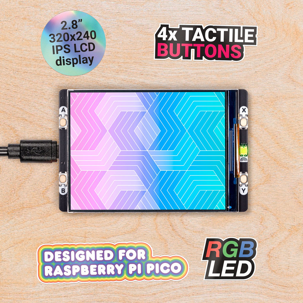 Pico Display Pack 2.8" - An expanded 2.8" (320 x 240 pixel) IPS LCD display add on for Raspberry Pi Pico (and compatibles), with four buttons, an RGB LED and Qw/ST connectivity.