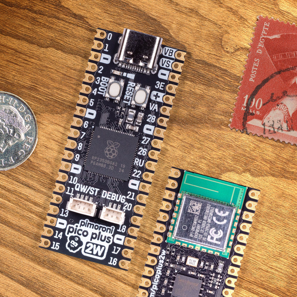 Pimoroni Pico Plus 2 W - A top of the line Pirate-brand RP2350 microcontroller with all the goodies - 16MB of flash, 8MB of PSRAM, USB-C, Qw/ST and 2.4GHz wireless / Bluetooth.