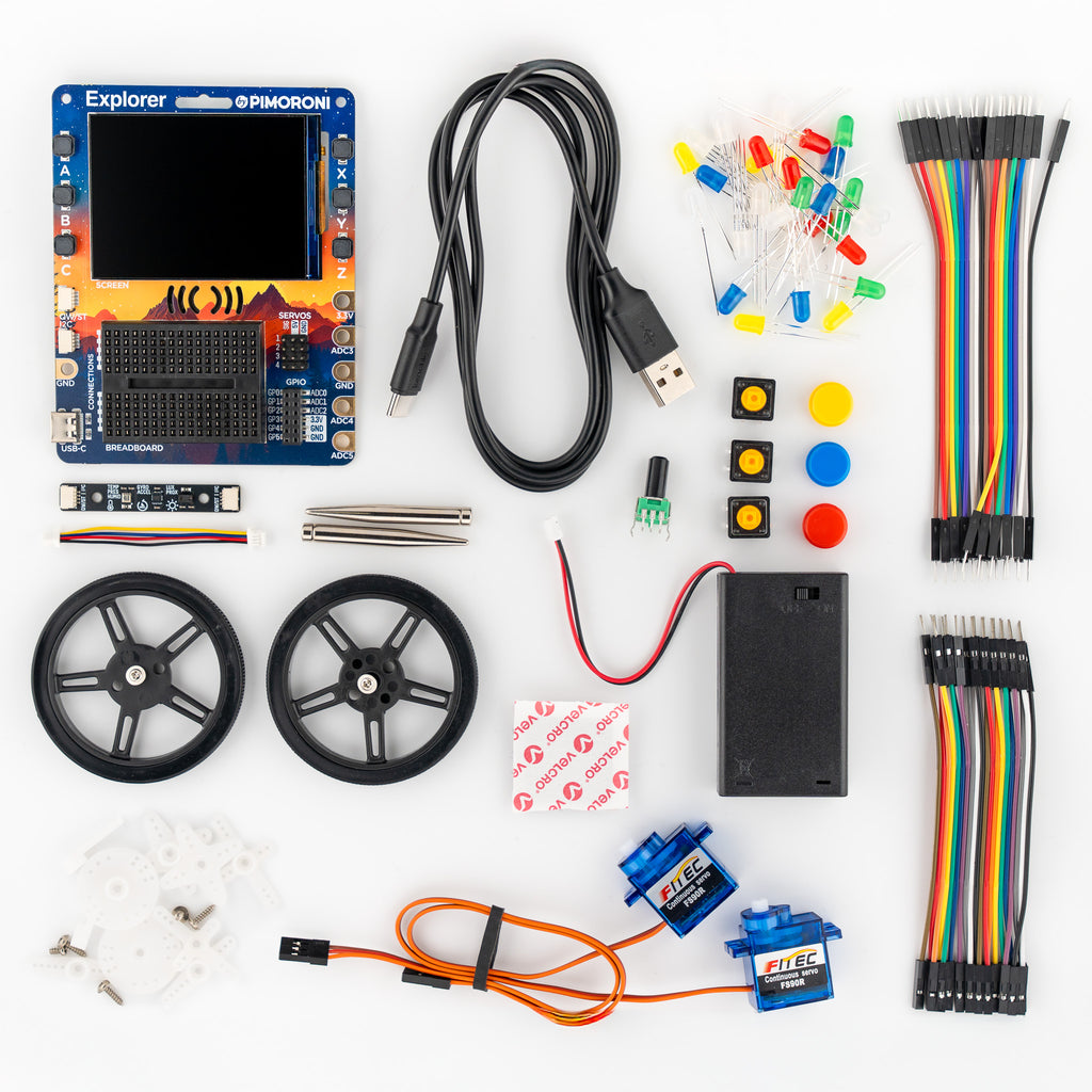 Pimoroni Explorer - An electronic adventure playground for physical computing, built around the RP2350 chip. Includes a 2.8" LCD screen, a speaker, a mini breadboard, and much more!