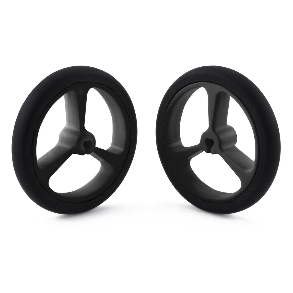 Pololu Wheel 40×7mm Pair - These black plastic wheels have silicone tires, measure 40 mm (1.57″) in diameter, and they press-fit onto the 3mm D shafts on many of our micro metal gearmotors.
