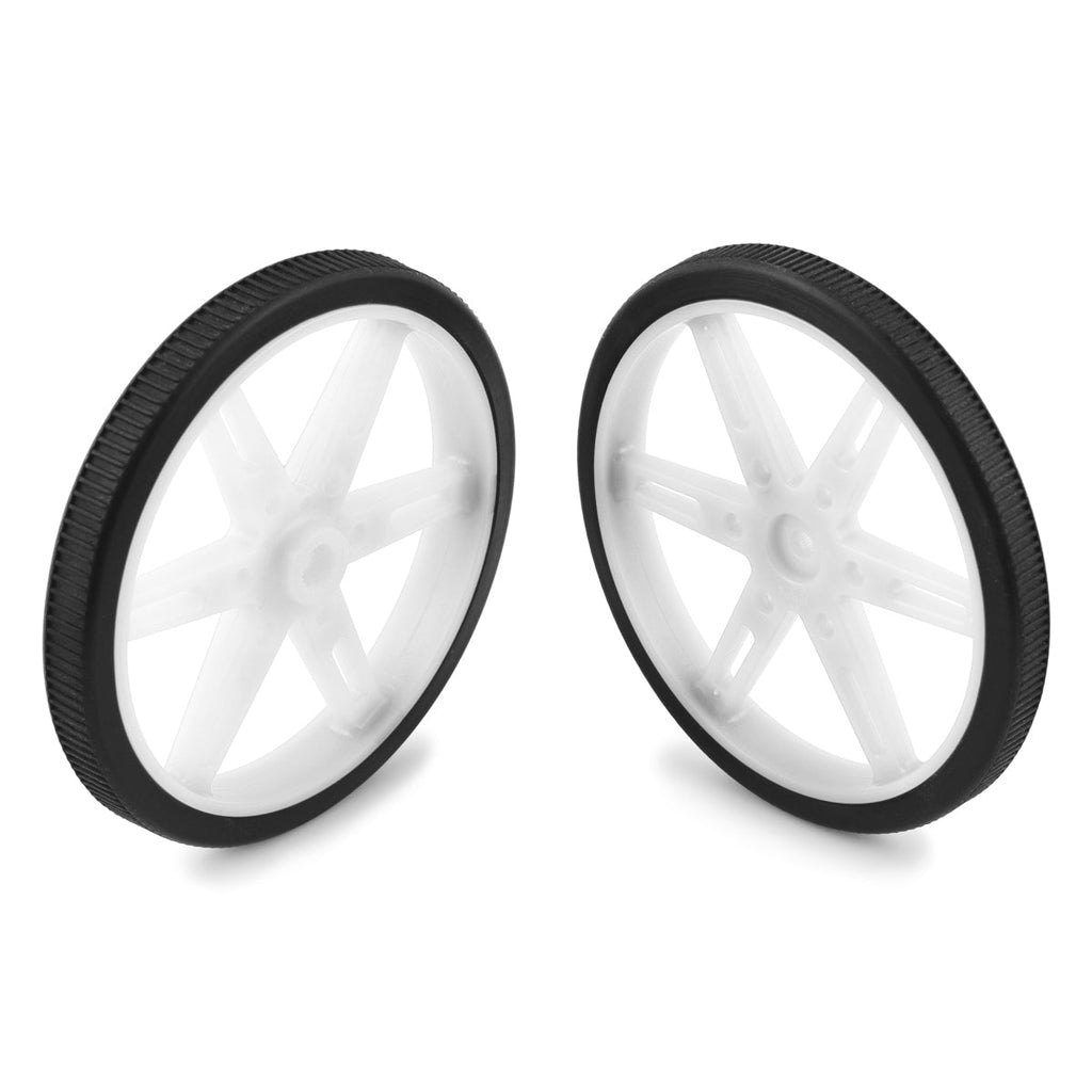 Pololu Wheel for Standard Servo Splines (25T, 5.8mm) - 70×8mm, 2-Pack - These plastic wheels have silicone tires and measure 70 mm (2.75″) in diameter. They mount onto standard servo splines with 25 teeth and a 5.8 mm diameter.