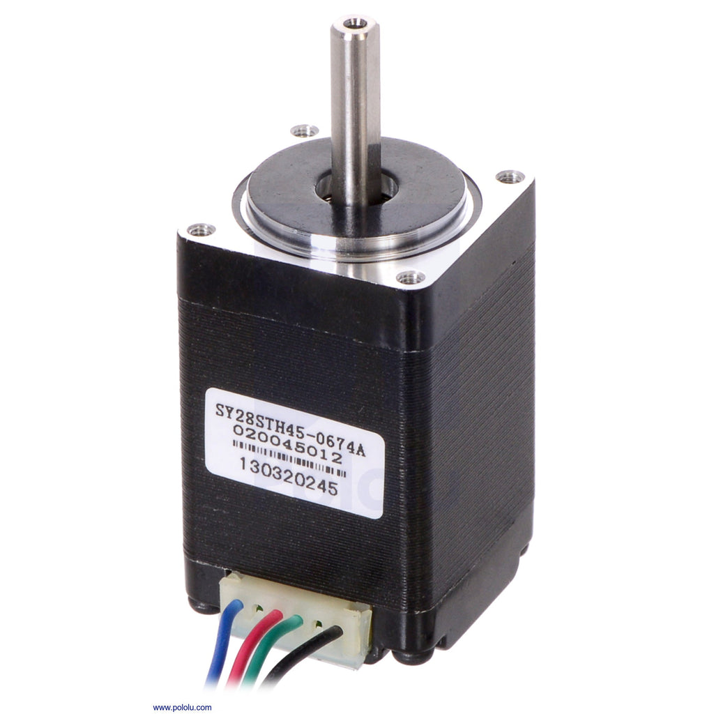 Stepper Motor: Bipolar, 200 Steps/Rev, 28×45mm, 4.5V, 0.67 A/Phase - This NEMA 11-size hybrid bipolar stepping motor has a 1.8° step angle (200 steps/revolution). Each phase draws 670 mA at 4.5 V, allowing for a holding torque of 950 g-cm (13 oz-in).