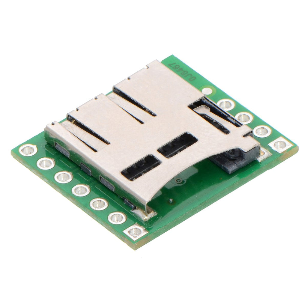 Breakout Board for microSD Card - This simple board breaks out the pins of a microSD card connector to a 0.1″ pin spacing that is compatible with standard perfboards, solderless breadboards, and 0.1" connectors.
