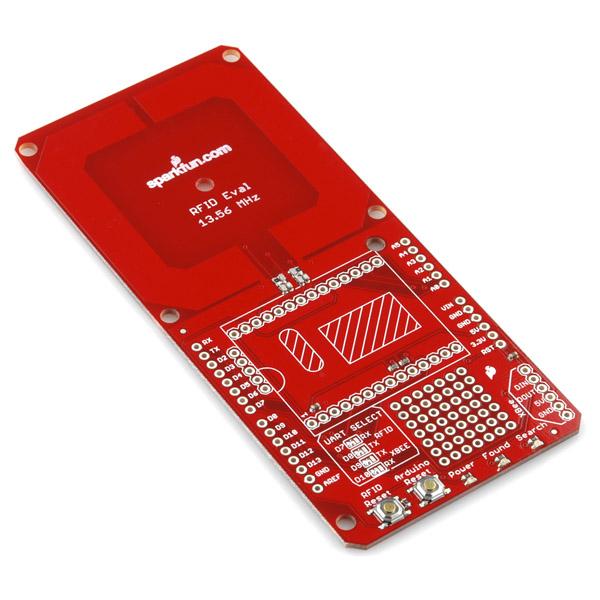 SparkFun RFID Evaluation Shield - 13.56MHz - This board is an evaluation platform for the SM130 RFID module. It includes an XBee header, PCB trace antenna, and has the layout to be used as a shield for an Arduino.
