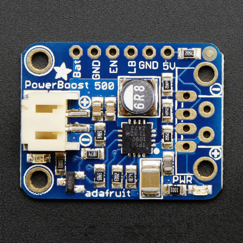 Adafruit PowerBoost 500 Basic - 5V USB Boost @ 500mA from 1.8V+ - PowerBoost is the perfect power supply for your portable project! This little DC/DC boost converter module can run from 1.8V batteries or higher, and convert that voltage to 5.2V DC for running your 5V projects.