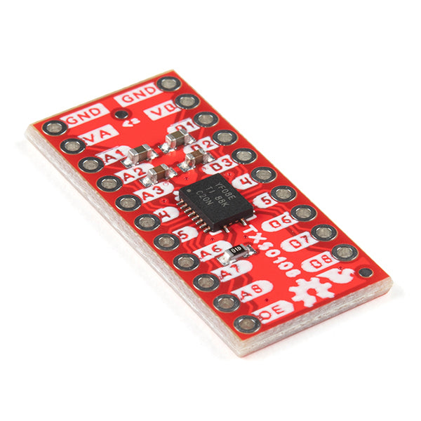 SparkFun Level Shifter - 8 Channel (TXS01018E) - he SparkFun 8 Channel Level Shifter Breakout features the TXS01018E™ 8-bit, bi-directional logic level translator from Texas Instruments. This board allows you to easily shift logic between devices running at different common microcontroller voltages such as 1.8V, 3.3V and 5V.