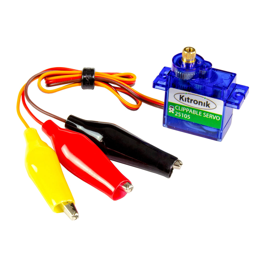 Clippable Servo - This new clippable servo has had the standard pin header replaced with super useful crocodile clips. This allows it to be used in projects that feature other clippable connection points, such as projects utilising the Kitronik Klip Motor Driver.