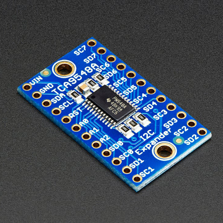 TCA9548A I2C Multiplexer - Finally, a way to get up to 8 same-address I2C devices hooked up to one microcontroller - this multiplexer acts as a gatekeeper, shuttling the commands to the selected set of I2C pins with your command.