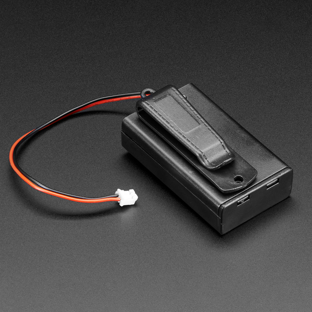 3 x AAA Battery Holder with On/Off Switch, JST, and Belt Clip - This battery holder connects 3 AAA batteries together in series for powering all kinds of projects. The box is slim, and 3 AAA's add up to about 3.3-4.5V, a very similar range to Lithium Ion/polymer (Li-Ion) batteries, plus it has a nifty on-off switch.
