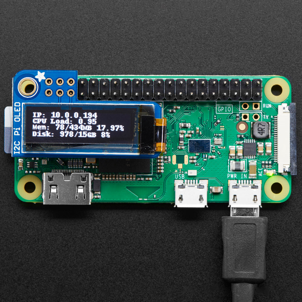Adafruit PiOLED - 128x32 Monochrome OLED Add-on for Raspberry Pi - If you're looking for the most compact li'l display for a Raspberry Pi (most likely a Pi Zero) project, this might be just the thing you need!