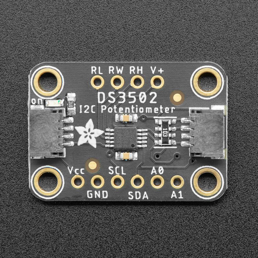 Adafruit DS3502 I2C Digital 10K Potentiometer Breakout - STEMMA QT / Qwiic - If you're a person like me that gets exhausted turning knobs all day, the DS3502 is just the ticket to calm all your knob-turning related troubles. Instead of having to turn knobs with your HANDS like an ANIMAL the DS3502 I2C Digital Potentiometer allows you to let your microcontroller adjust the resistance for you!