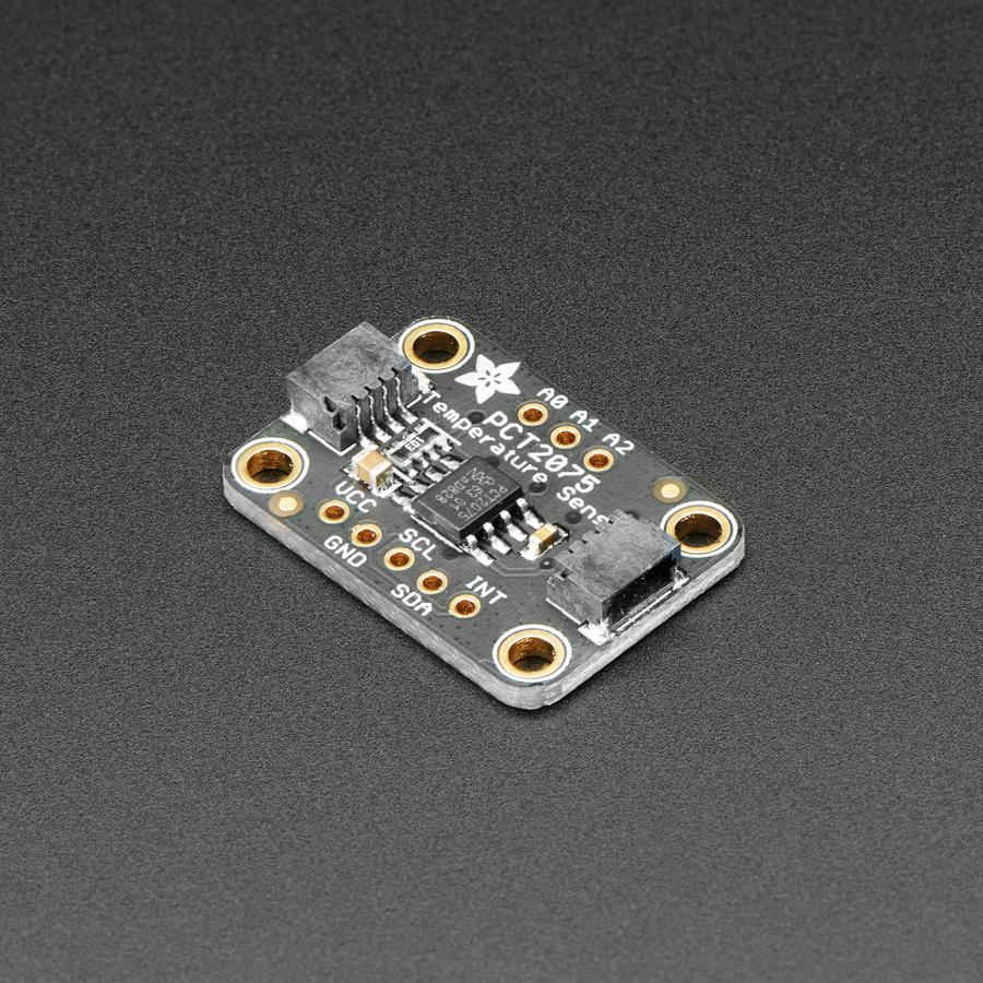 Adafruit PCT2075 Temperature Sensor - The Adafruit PCT2075 Temperature Sensor is a 'code compatible' drop in replacement for a very common I2C temperature sensor, the LM75. Compared to the LM75, however, the 11-bit ADC in the PCT2075 provides more precise measurements when compared to the LM75's 9-bit ADC.