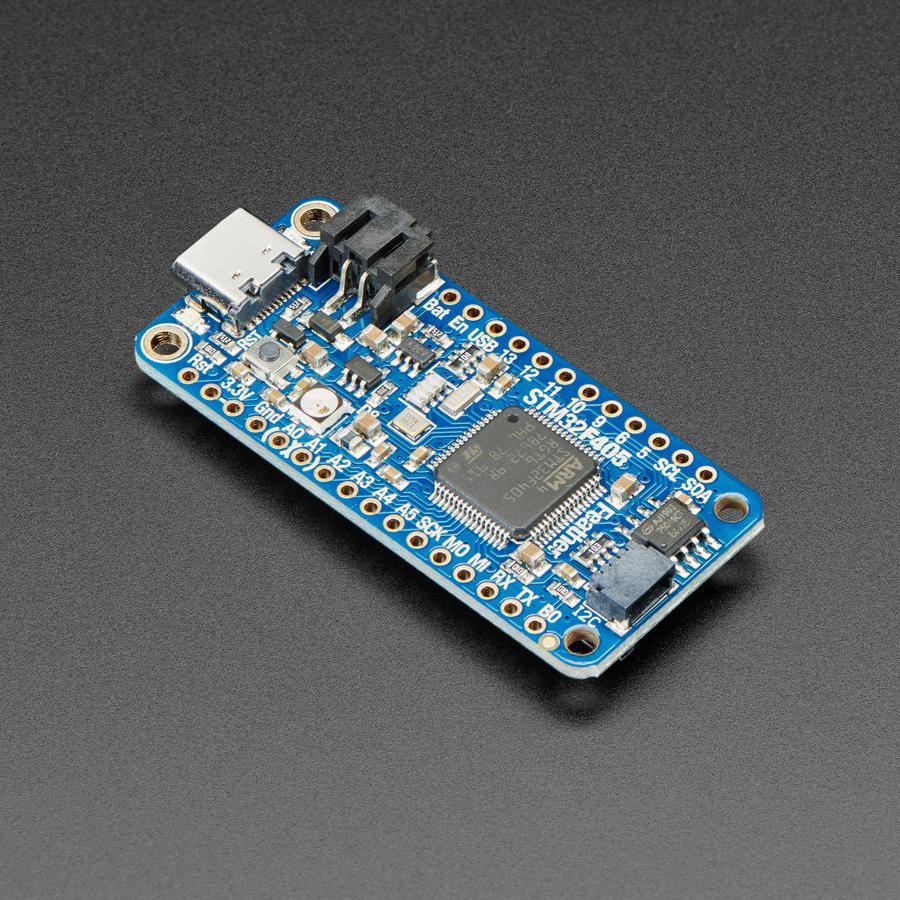 Adafruit Feather STM32F405 Express - ST takes flight in this upcoming Feather board. The new STM32F405 Feather runs CircuitPython at a blistering 168MHz – the fastest CircuitPython board ever!
