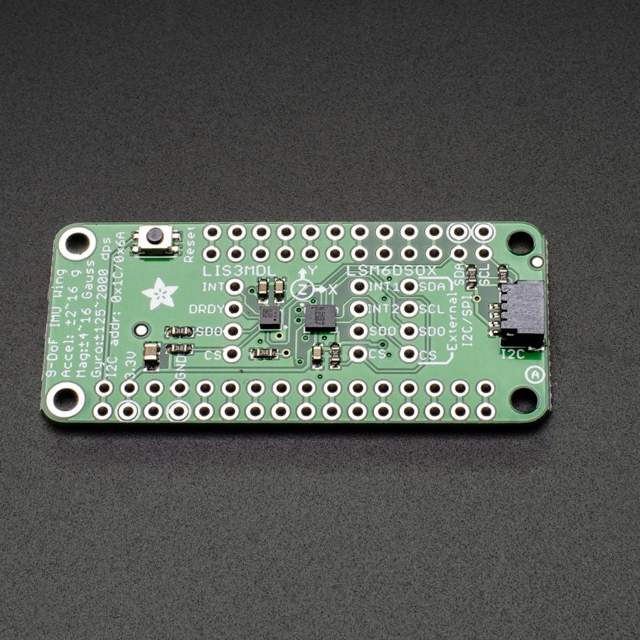 Adafruit LSM6DSOX + LIS3MDL FeatherWing - Precision 9-DoF IMU - Upgrade any Feather board with motion and precision temperature sensing, with this all-in-one sensing 'Wing. It sports two fantastic sensors from ST to provide 9 degrees of full-motion data.