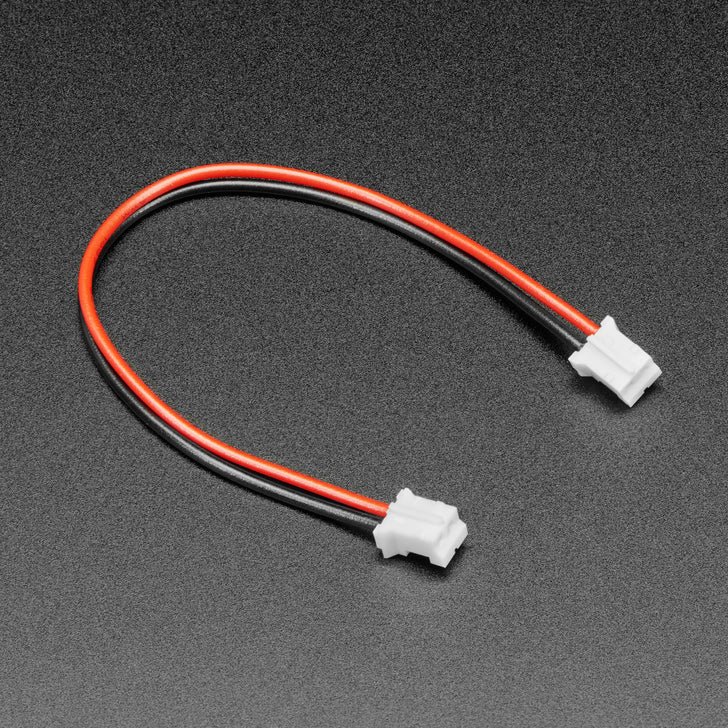 JST-PH 2-pin Jumper Cable - 100mm long - Both ends of this cable have a JST PH 2mm pitch 2-pin plug. Between the two, 100mm of color coded wire - red for power, black for ground. No more soldering two pig-tails together!