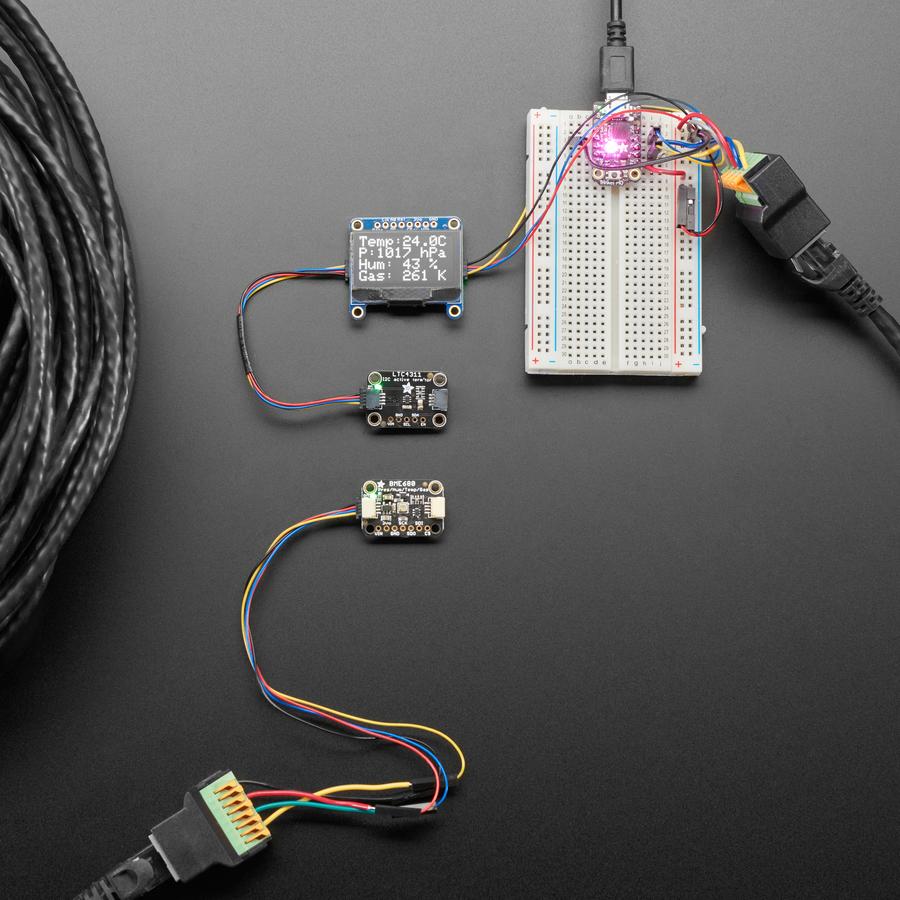 Adafruit LTC4311 I2C Extender / Active Terminator - I2C stands for Inter-Integrated-Circuit communications, its meant for short distances on a PCB or subassembly. But, hey, we're engineers and we like to push the limits of technology, right?