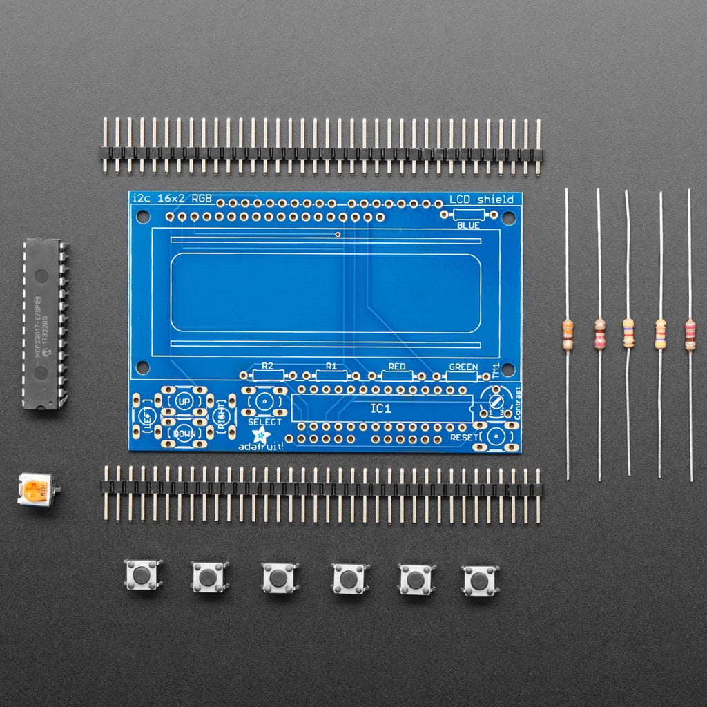 Adafruit I2C Controlled + Keypad Shield Kit for 16x2 LCD - This new Adafruit shield makes it easy to use a 16x2 Character LCD. The 16x2 Character LCD is NOT, repeat, NOT, included