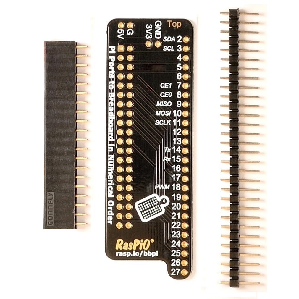 Breadboard Pi Bridge - Pi Ports to Breadboard in Numerical Order - The RasPiO Breadboard Pi Bridge PCB connects all available Raspberry Pi GPIO ports to a half-size breadboard in numerical order (2-27), which means no pin counting and fewer wiring errors - just add your components to the breadboard and start controlling it with the Pi.