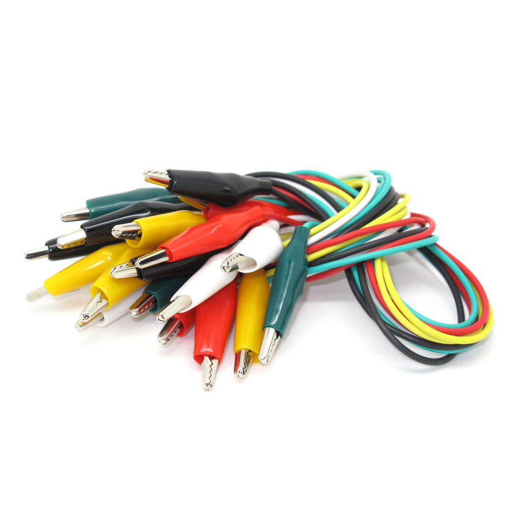 Crocodile Leads (set of 10) - Five pairs of crocodile leads (red, black, green, yellow and white) with plastic insulated 35mm crocodile clips at each end.