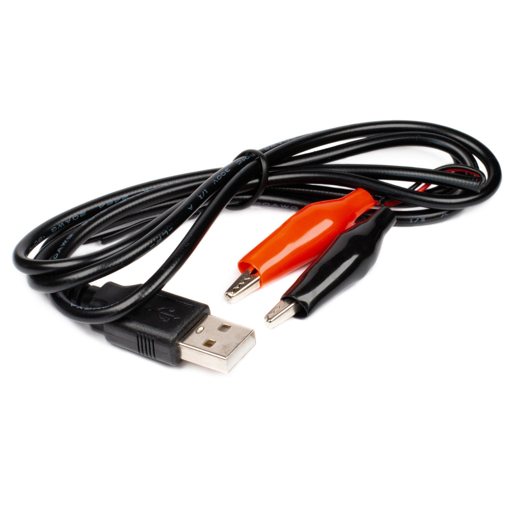 Crocodile Clip to USB Test Cable (1m) - A black and red USB-A cable with a double set of plastic insulated 28mm crocodile (or alligator) clips at one end - perfect for extracting 5V power from a convenient USB port!