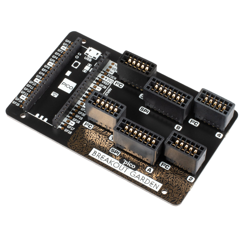 Pico Breakout Garden Base - An easy, solderless, swappable way to use breakouts with your Raspberry Pi Pico - add up to six Pimoroni breakouts (4 x I2C and 2 x SPI) to the sturdy slots and get coding and creating!