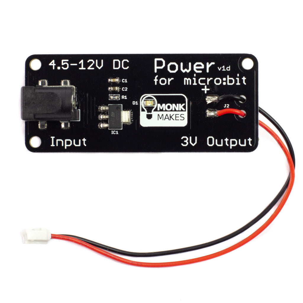 Power for micro:bit - This tiny board has a standard DC barrel jack socket at one end and provides a regulated 3.3V output that you can use to power your micro:bit using the JST battery connector attached to wires coming from the other end of the board.