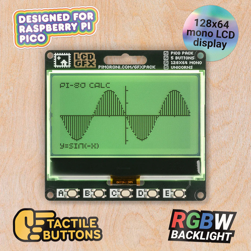 Pico GFX Pack - A retro 2.15" (128x64) mono LCD display for Raspberry Pi Pico with RGBW backlight, buttons and a Qw/ST breakout connector.