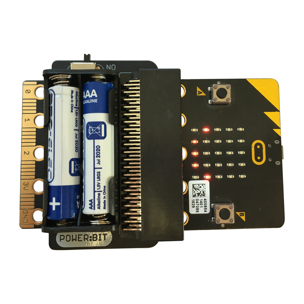 Power:Bit battery power for micro:bit - This neat little board makes it easy and robust to power your BBC micro:bit on the move. No wires to break or get tangled. It even includes a power switch.
