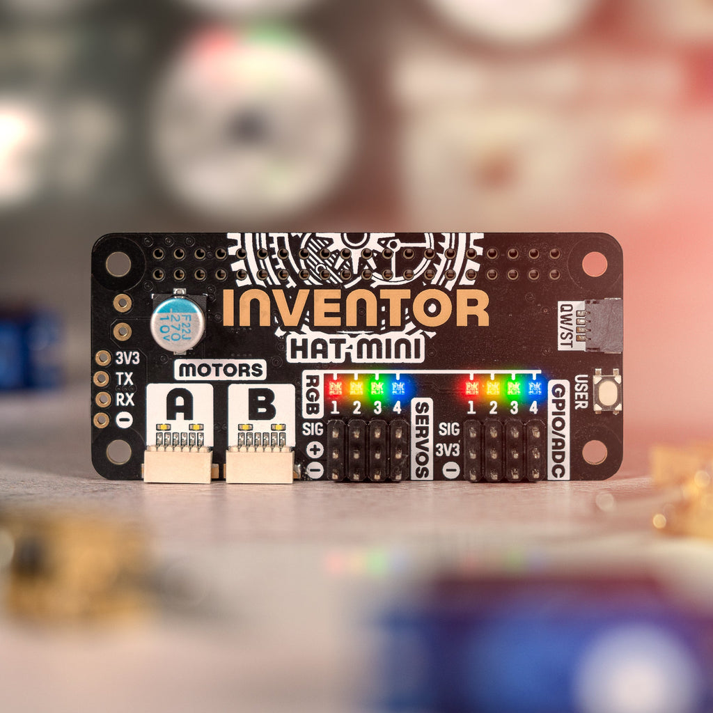 Inventor HAT Mini - A versatile motor, servo and audio driver HAT for Raspberry Pi. Bring your mechanical inventions, creations and contraptions to life! 🦾