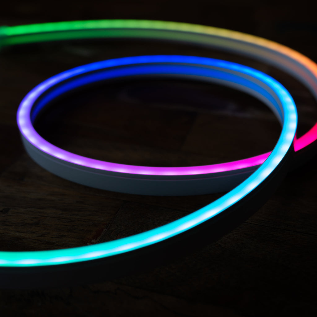 Neon-like RGB LED Strip with Diffuser (NeoPixel/WS2812/SK6812 compatible) - This individually addressable RGB LED strip is encapsulated in a chunky silicone diffuser which diffuses light sideways for a snazzy neon effect.