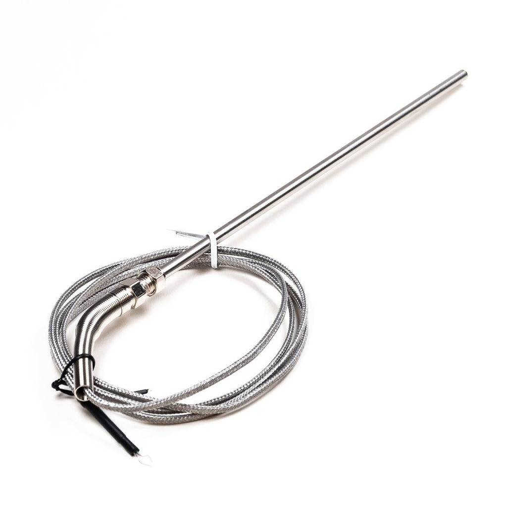 Stainless Steel K-type Thermocouple - This K-type thermocouple has a stainless steel probe (20cm) and braided steel cable (1.3m). It's ideal for situations where durability and tolerance of extreme conditions are required when measuring temperatures, like ovens or freezers.