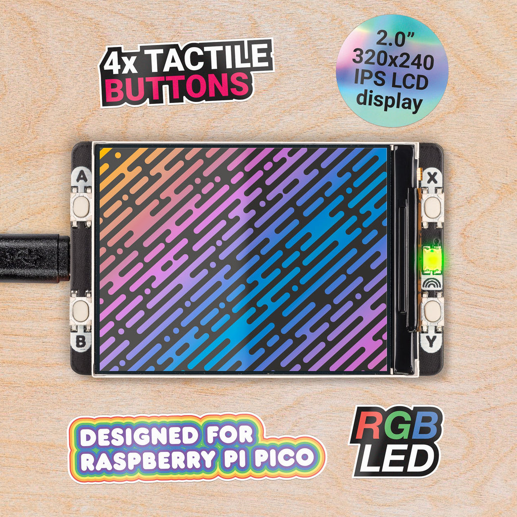 Pico Display Pack 2.0 - A spacious 2.0" (320 x 240) IPS LCD display for Raspberry Pi Pico, with four buttons, an RGB LED and plenty of room for your Pico projects!