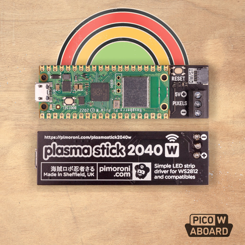 Plasma Stick 2040 W (Pico W Aboard) - This perky Pico W-powered controller for WS2812/Neopixel/SK6812 LEDs is perfect for coding up some wireless blinkenlight shenanigans.