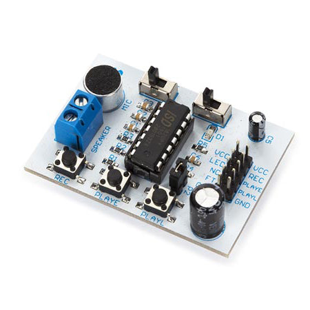 ISD1820 Voice Record/Play Module - The ISD1820 VOICE RECORD/PLAY MODULE carries the ISD1820 voice record and playback IC to record a single voice message of up to 20 seconds in length.