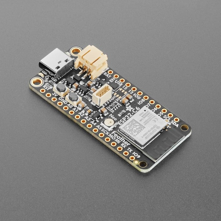 Adafruit ESP32-C6 Feather - The ESP32-C6 is Espressif’s first Wi-Fi 6 SoC integrating 2.4 GHz Wi-Fi 6, Bluetooth 5 (LE) and the 802.15.4 protocol. It brings the goodness you know from the low-cost C3 series and improves it with Zigbee/802.15.4 at 2.4Ghz. That means it could make for great Matter development hardware!