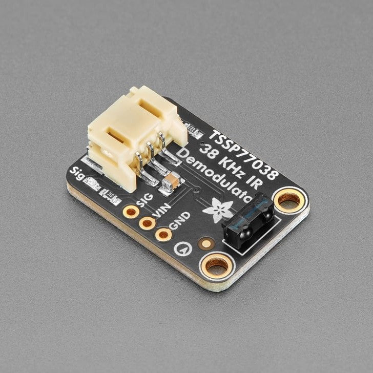 Adafruit TSSP77038 38KHz Infrared IR Demodulator Breakout - STEMMA JST PH 2mm - While designing our IR decoding breakout we noticed the TSSP series of chips from Vishay, these are simpler than more 'remote control' receivers in that they don't do any filtering on the codes received: you really just get the demodulated-from-38KHz-signal output.