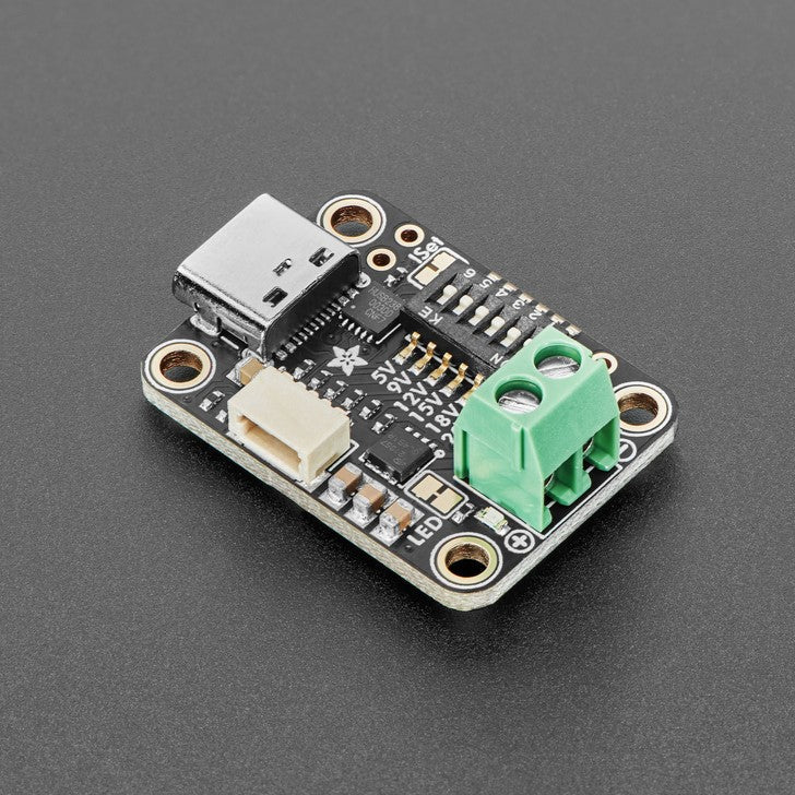 Adafruit USB Type C Power Delivery Dummy - I2C or Switchable - HUSB238 - The HUSB238 USB PD sink chip is neat in that you can either use switches (really, resistor selection) to set the desired PD voltage or use I2C for dynamic querying and setting.