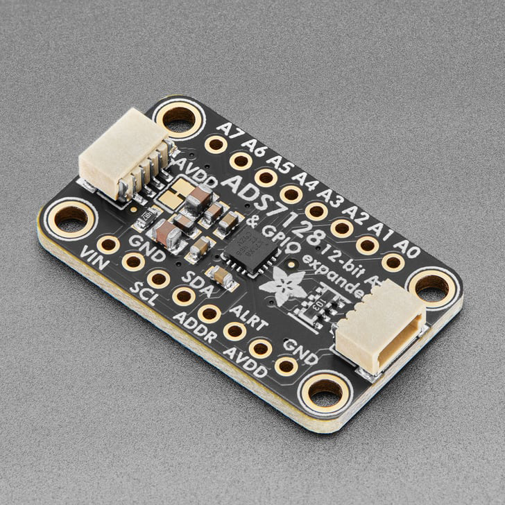 Adafruit ADS7128 8-Channel ADC and GPIO Expander - STEMMA QT / Qwiic - The Adafruit ADS7128 8-Channel ADC and GPIO Expander is a bit of a Platypus of the I2C expander world: hard to categorize as just an ADC or a GPIO expander since it combines the capabilities of both with great capabilites! Usually, you only get ADC or I/O so it's nice to see this combo product.
