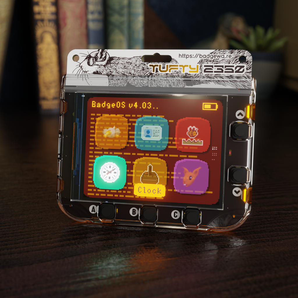 Badgeware Tufty - A smart interactive badge with colour 2.8" TFT display, powered by Raspberry Pi RP2350.
