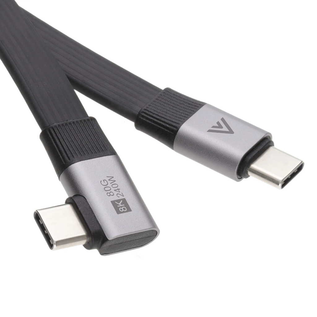 Flat USB-C to USB-C Sideways Right Angle Cable - Quality flat USB-C cables with metal connectors and a sideways-pointing right angle plug on one end. Available in 0.2m and 1m lengths.