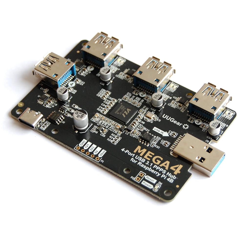 MEGA4: 4-Port USB 3.1 PPPS Hub for Raspberry Pi - MEGA4 is a 4-Port USB 3.1 PPPS (Per-Port Power Switching) hub designed for Raspberry Pi 4B. It adds 4 more USB 3.1 ports to Raspberry Pi 4B, and the power on each port can be turned ON or OFF separately via software.