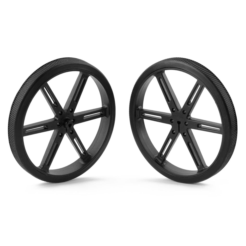 Pololu Wheel 90x10mm Pair - These plastic wheels have silicone tires, measure 90 mm (3.54″) in diameter, and they press-fit onto the 3mm D shafts on our micro metal gearmotors.