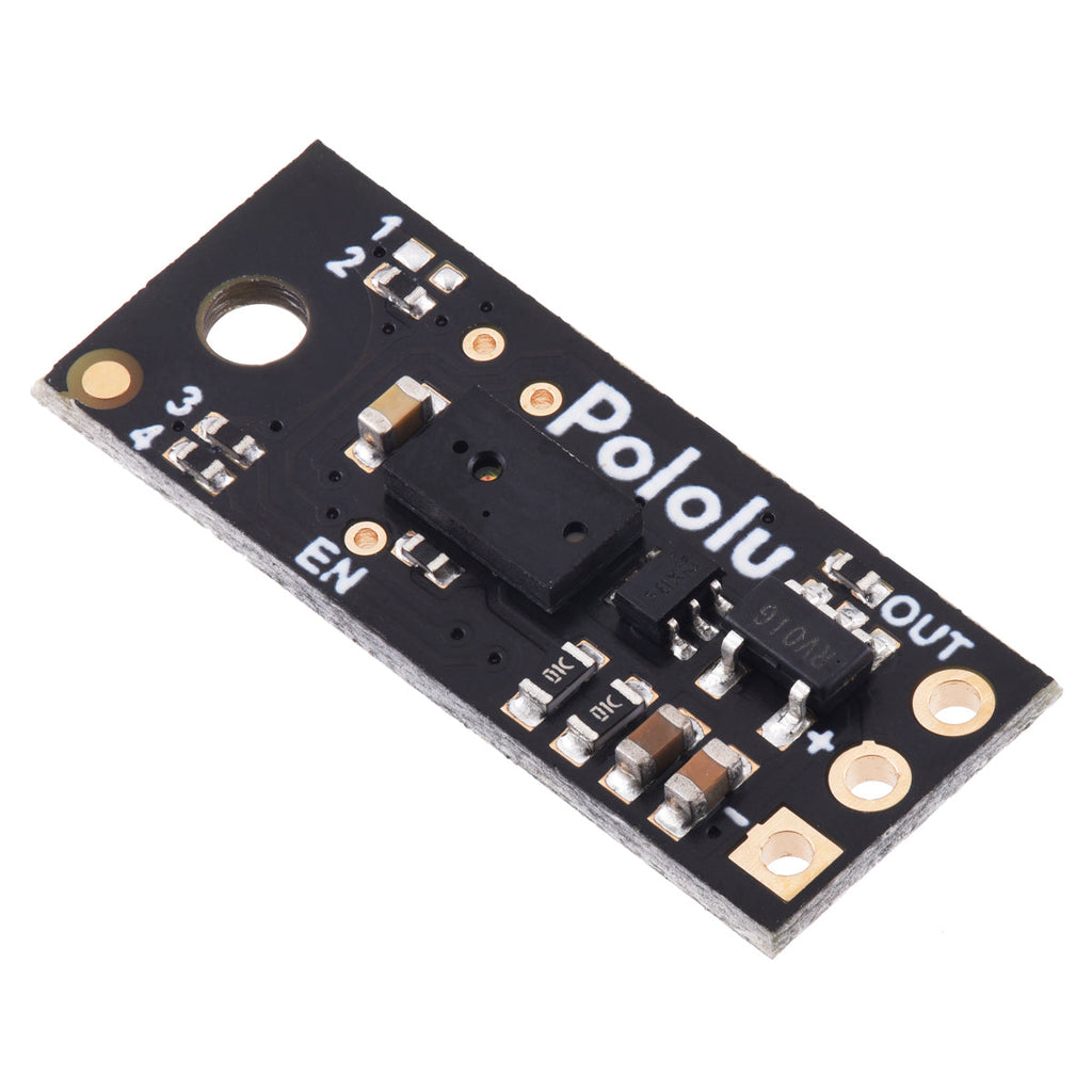Pololu Distance Sensor with Pulse Width Output - This small lidar-based distance sensor reports the distance of objects with a pulsed signal similar to a hobby servo control signal.