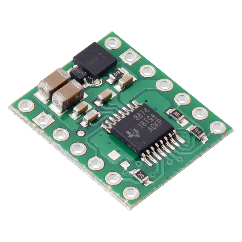 DRV8874 Single Brushed DC Motor Driver Carrier - This compact breakout board for TI’s DRV8874 motor driver offers a wide operating voltage range of 4.5 V to 37 and can deliver a continuous 2.1 A (6 A peak) to a single bidirectional brushed DC motor.