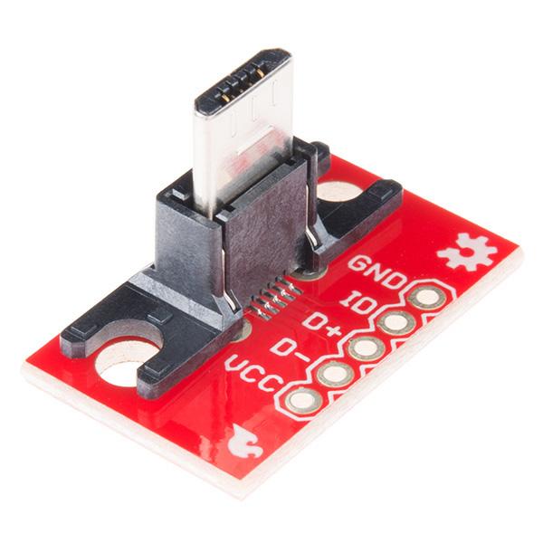 SparkFun USB MicroB Plug Breakout - We have no idea what USB device you are hooking up to, but if you want to access the microUSB port on something, you might want this. SparkFun broke out all 5 pins with a vertical microUSB connector for your prototyping needs.