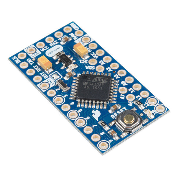 Arduino Pro Mini 328 - 3.3V/8MHz - It's blue! It's thin! It's the Arduino Pro Mini! SparkFun's minimal design approach to Arduino. This is a 3.3V Arduino running the 8MHz bootloader.