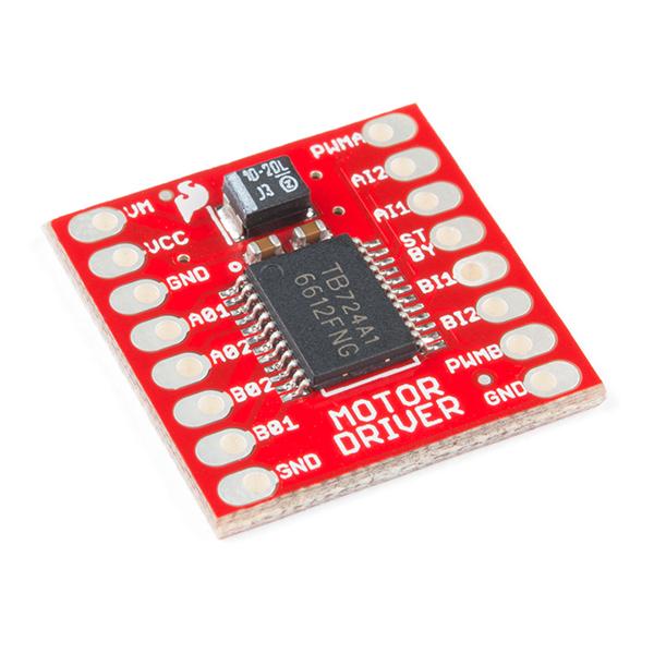 SparkFun Motor Driver - Dual TB6612FNG (1A) - The TB6612FNG Motor Driver can control up to two DC motors at a constant current of 1.2A (3.2A peak).